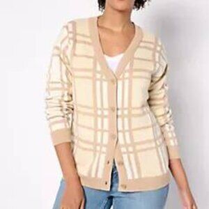 Joan Rivers Plaid Jacquard Cardigan Sweater Cream /w Tan Cotton/Rayon Mix-5X NWT